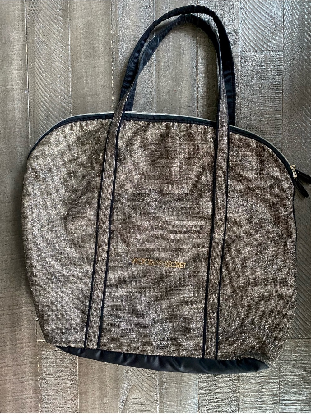 Victorias Secret Duffle Weekender Black Satin Gold Metallic Glitter XL Tote Bag